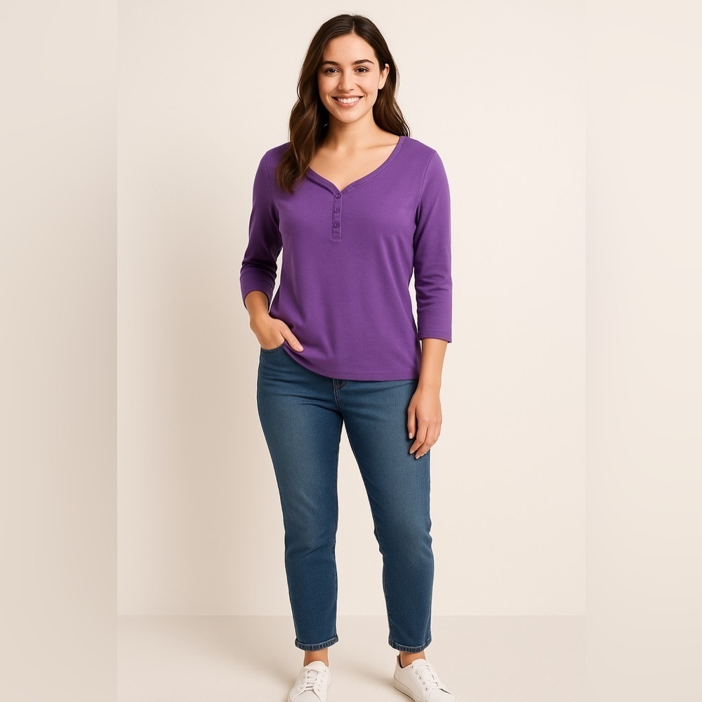 💜 Karen Scott Purple Henley Top | Size L | 3/4 Sleeve Casual Tee 🌸✨